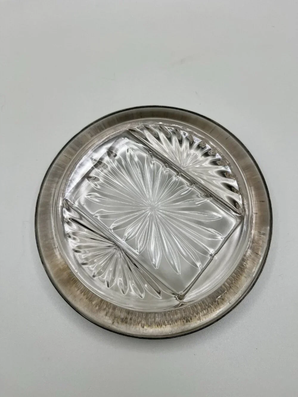VTG Pressed Glass Ashtray Silver Plate Beaded Rim Starburst Mid Century Atomic
